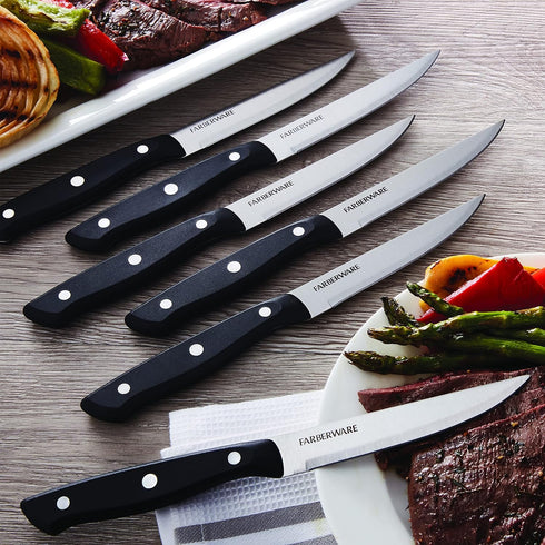 Farberware Triple Riveted Steak Knife Set, 6-Piece, High-Carbon Stainless Steel Knife Set, Razor-Sharp Steak Knife Set with Fine Edge Blades, Blac...