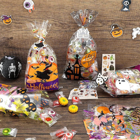 HalloweenCandy Bags Treats Bags, 200 PCSHalloween Cellophane Bags for Kids Treat or Trick Party Supplies, 8 Styles HalloweenGoodies Bags Gift Bags...
