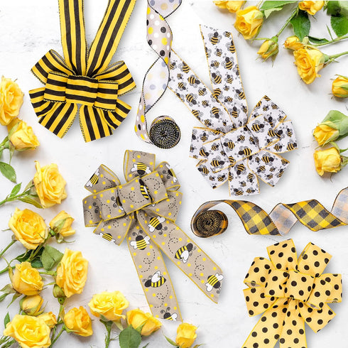 Whaline 30 Yard Bumble Bee Fabric Burlap Ribbon 6 Design Yellow Black Dots Plaid Strip Wired Edge Ribbon Summer Fabric Craft Decorative Ribbon for...