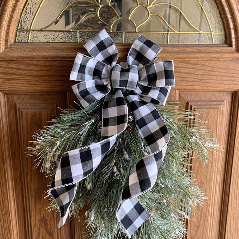 Buffalo Plaid Christmas Wreath Bow - 10" Wide, 18" Long Pre-Tied Bow, Black and White Checkers, Fall Decor, Door Decoration, Swag, Wreath, Garland...