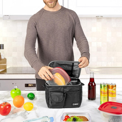 opux Insulated Lunch Bag for Men Women, Leakproof Black Lunch Box for Work, Portable Soft Lunch Cooler Bag with Shoulder Strap, Adult Lunchbox Lun...