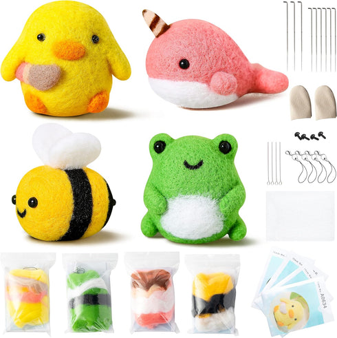 WATINC Set of 4 Cute Animal Needle Felting Starter Kit Frog Chick Bee Narwhal Animal Doll Wool Felting Tools Felt Needles Foam Mat DIY Needlework ...