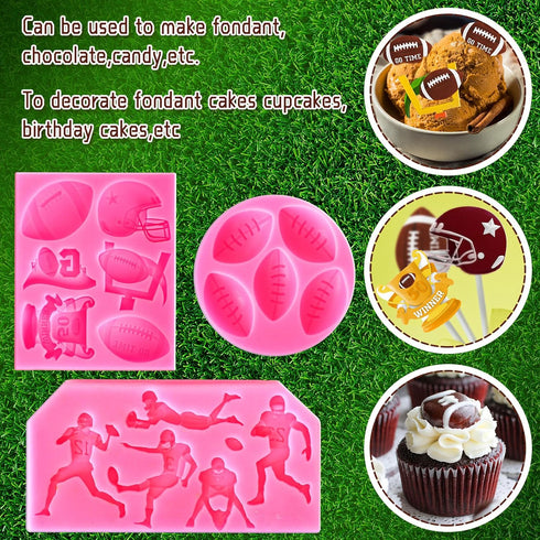 Whaline 3Pcs Football Fondant Mold Sports Theme Silicone Mold Football Helmet Chocolate Candy Mould Baking Mold for Party Cupcake Sugar Craft Gum ...