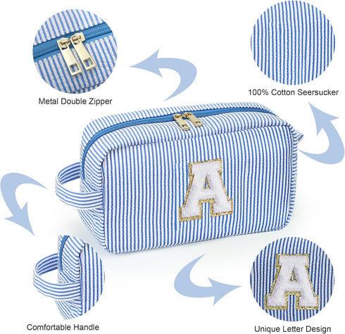 Makeup Bag for Women - Monogram Cute Initial Blue Makeup Bags Cosmetic Toiletry Pouch Make Up Case for Women Her Best Friend Friendship Sister Tea...