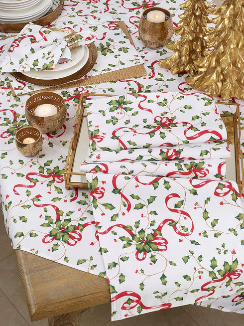 "SARO LIFESTYLE Holiday Collection Holly and Ribbon Design Table Runner, 16"" x 72"", Multi" (3175.M1672B)...
