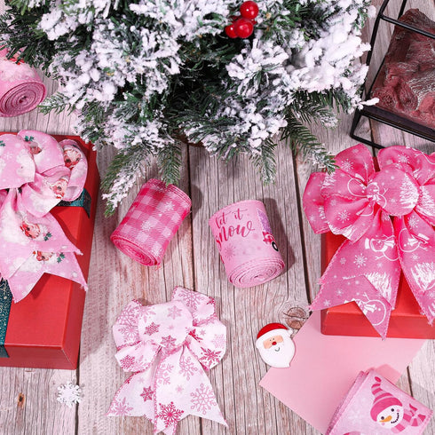 Whaline 6 Rolls Christmas Wired Edge Ribbon Pink Xmas Winter Holiday Craft Ribbon Buffalo Plaid Santa Snowman Snowflake Christmas Tree Truck Gift ...