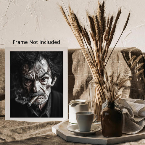 Posterizer 1 pcs-close up black and white portrait of a rugged man smoking 1-Photography Art-Retro Art-Decorations for Bedroom, Office, Living Roo...