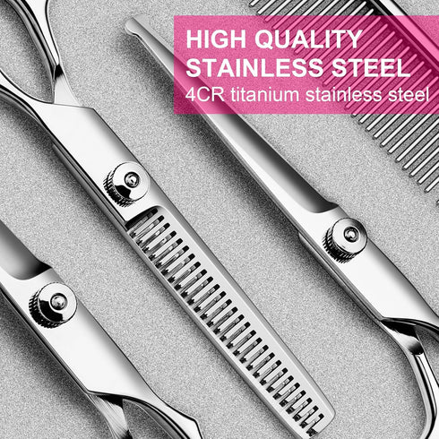 5 in1 Dog Grooming Scissors Kit, Professional Dog Scissors for Grooming with Safety Round Tips, Titanium Coated Grooming Scissors Kit for Dogs Cat...
