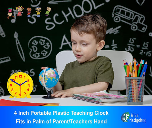 Kids Telling Time Practice Learning Clock, 4 Inch Size Teaching Handheld Analog Clock, Geared Movement Makes Fingers Move Like Real Clocks, for Sc...