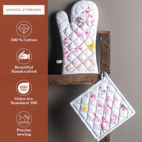 Maison d' Hermine 100% Cotton Oven Mitt & Pot Holder Set (7.5"x13" & 8"x8") Heat Resistant BBQ Cooking Gloves with Loop, Baking, Grilling, Kitchen...