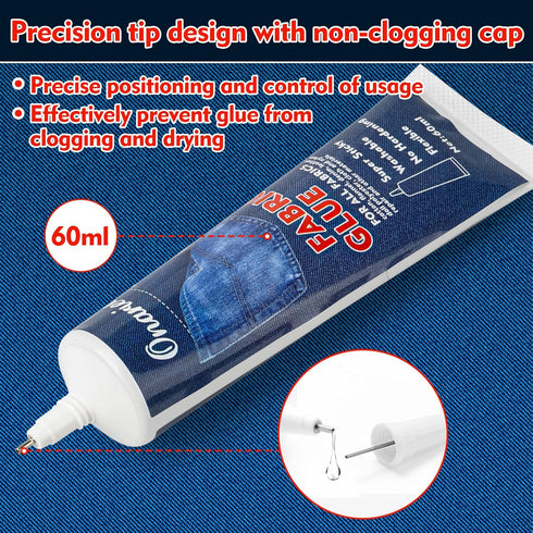 2x60ml Fabric Glue, Fabric Glue Permanent Clear Washable for Patches Drying Waterproof Fabric Adhesive Glue for All Fabrics, Clothes, Cotton, Flan...