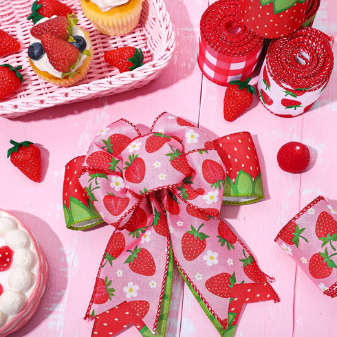 Whaline 5 Roll Strawberry Wired Ribbon 2.5 Inch Red Pink Green Strawberry Plaid Fabric Craft Ribbon Colorful Wired Edge Ribbon for Summer DIY Craf...