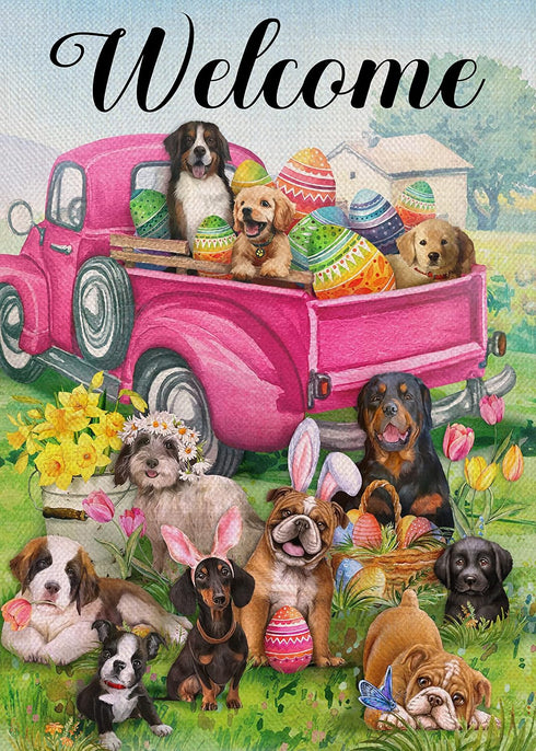 Home Decorative Welcome Easter Eggs Pink Truck Dog Garden Flag, Country Puppy House Yard Daffodil Tulip Daisy Flowers Outside Decoration, Spring F...
