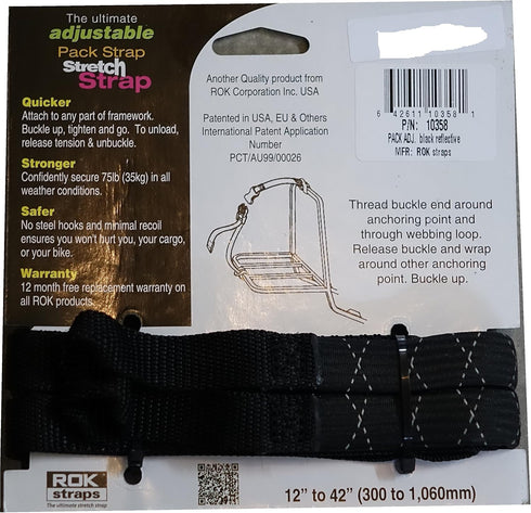 ROK Straps ROK-10358 Black/Reflective 12" - 42" Pack Adjustable Stretch Strap...
