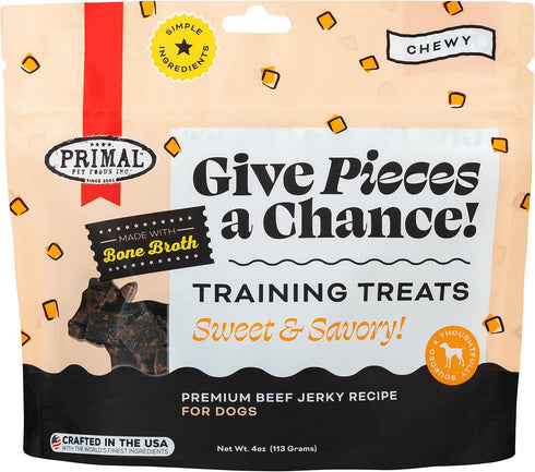 Primal Beef Jerky Dog Treats Made with Beef Bone Broth for Dogs, Give Pieces a Chance, Training Treat for Dogs, 4 oz...