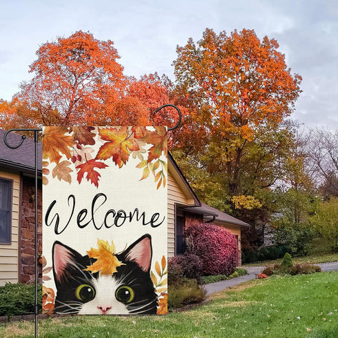 Welcome Fall Garden Flag 12 x 18 Inch Vertical Double Sided Burlap, Autunm Cute Cat Garden Yard Flags for Yard Thanksgiving Holiday Outside Outdoo...