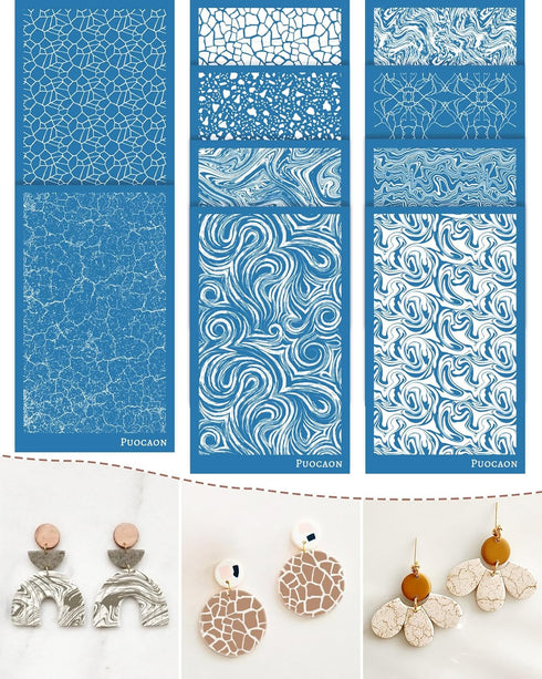Puocaon Clay Silk Screen Stencils - 10 Pcs Marble Pattern Reusable Silk Screen Stencils for Polymer Clay Jewelry Making, Terrazzo Fluid Trendy Pol...