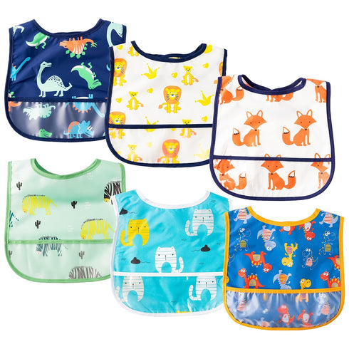 6Pcs Waterproof Toddler Bibs Baby Feeding Bib Set with Crumb Catcher Pocket Infant Adjustable Baby Teething Bib Babies Sleeveless Animals Food Bib...