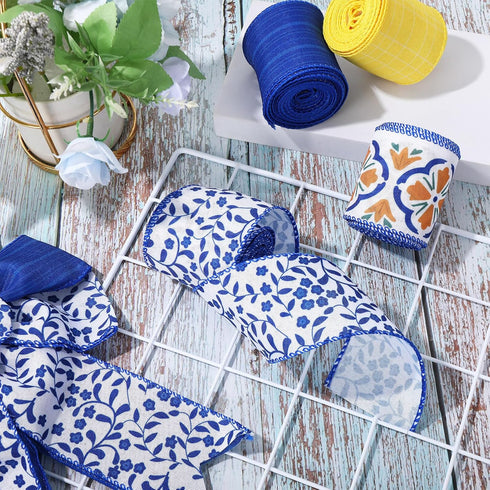 Boho Wired Edge Ribbon Blue Yellow Stripe Plaid Floral Leaves Fabric Craft Ribbon for Wedding Birthday Bridal Shower Wreath Bow Making, 4 Rolls, 2...