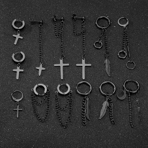 FIFATA 20 Pieces Men Earrings Set - Black Stainless Steel Chain Hoop Earrings Cross Moon and Star Dangle Earrings Piercing Jewelry for Men Women...