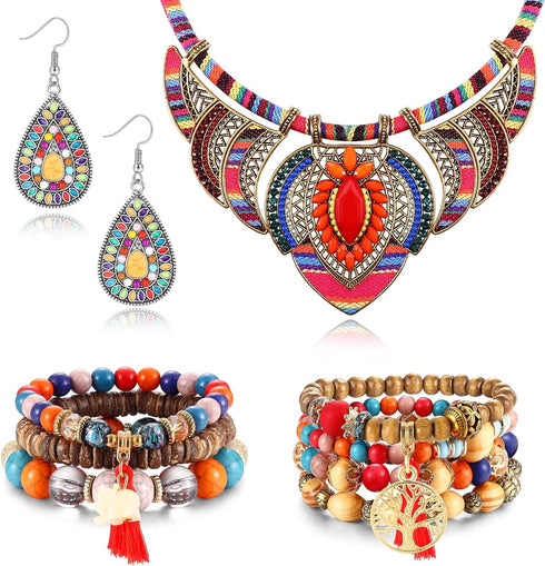 JeryWe 4 Pcs Bohemian Jewelry Set for Women Ethnic Style Costume Necklace Multilayer Boho Stretch Beaded Bracelet Vintage Boho Dangle Earrings, Cu...