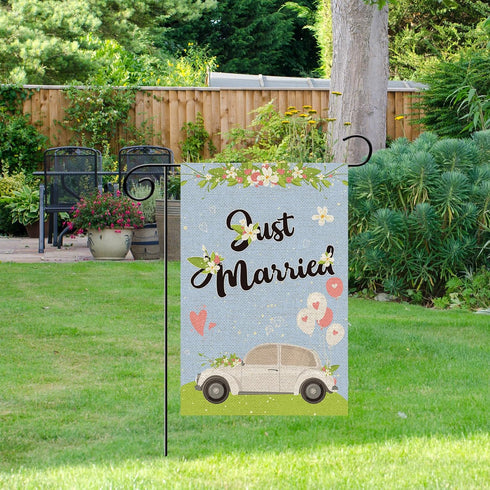 Just Married Garden Flag, Burlap Vertical Double Sided, Wedding / Engagement / Bridal Shower Party Decoration Yard Sign, Welcome to Our Wedding De...