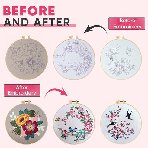 Embroidery Starter Kit for Beginners with Pretty Floral and Birds Patterns. Complete DIY, Includes 3 Hoops, 3 Stamped Patterns, Needles, Scissors,...