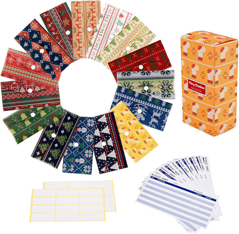 Yoption 32Pcs Christmas Cash Envelope System, 15 Pack Waterproof Reusable Plastic Budget Envelopes, 15 Pcs Expense Tracking Budget Sheets and 24 B...