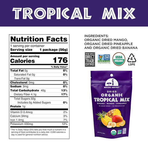 Mavuno Harvest Tropical Mix Dried Fruit Snack | Unsweetened Organic Mixed Dried Fruit | Gluten Free Healthy Snacks for Kids and Adults | No Sugar ...