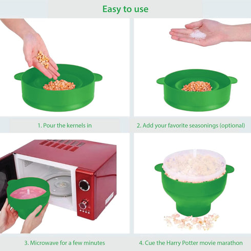 Microwave Popcorn Popper with Lids - Silicone - No Oil or Butter Required - Collapsible Bowls - BPA-Free - Movie Night Supplies - Green...