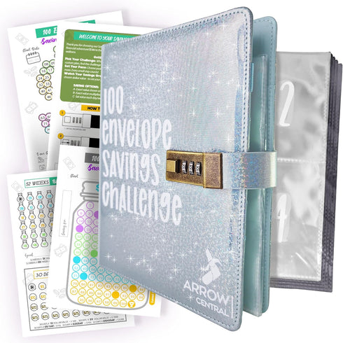 100 Envelopes Money Savings Challenge, A5 Budget Binder with Cash Envelopes and Combination Lock, Sparkling Leather Book to Save $5,050, Secure Bi...
