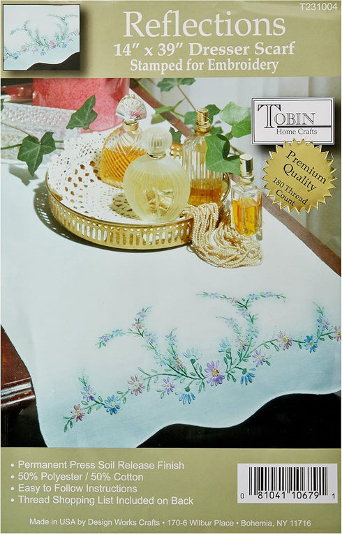 Tobin Stamped Dresser Scarf, Reflections, 14" x 39" Embroidery Kit, White......