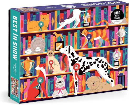 Galison Best in Show – Michael Driver 1000 Piece Puzzle Featuring A Witty Shelfie of Felines and Canines Sharing Trophies and Books...