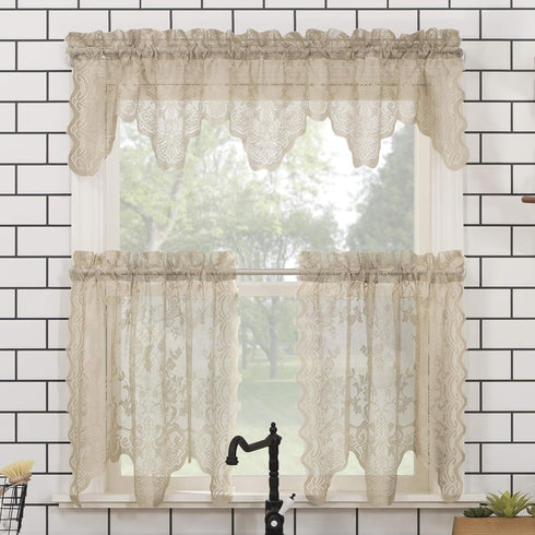 No. 918 Alison-Tr Floral Lace Sheer Rod Pocket Kitchen Curtain Valance, 58" x 14", Stone...