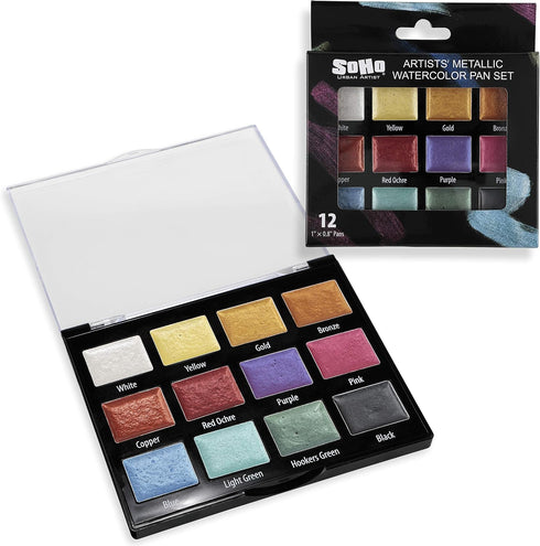 Soho Urban Artist Metallic Watercolors Set – 12 Vibrant Metallic Half Pans in Travel Case – Professional Shimmer Watercolor Paint Set for Artists,...