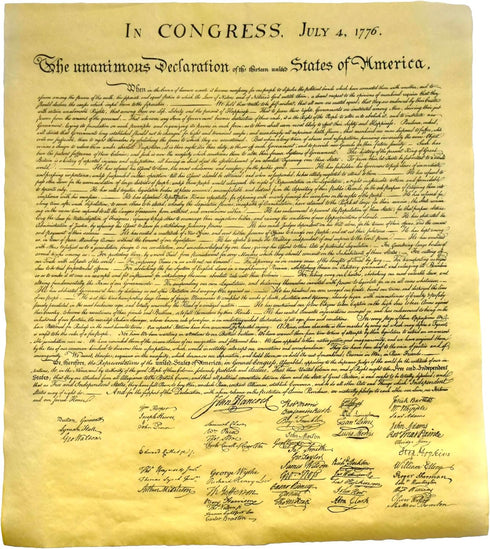 The Declaration of Independence, Authentic Replica Printed on Antiqued Genuine Parchment. 14" X 16", Ships in Plastic Collector's Tube with Ribbon...