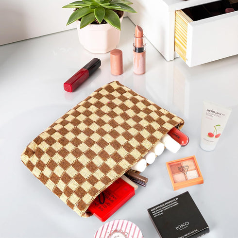 2Pcs Makeup Bag For Women - Large Checkered Knitted Cosmetic Bags&Small Makeup Pouch Aesthetic Design Travel Toiletry Bag Skincare Bag Car Storage...