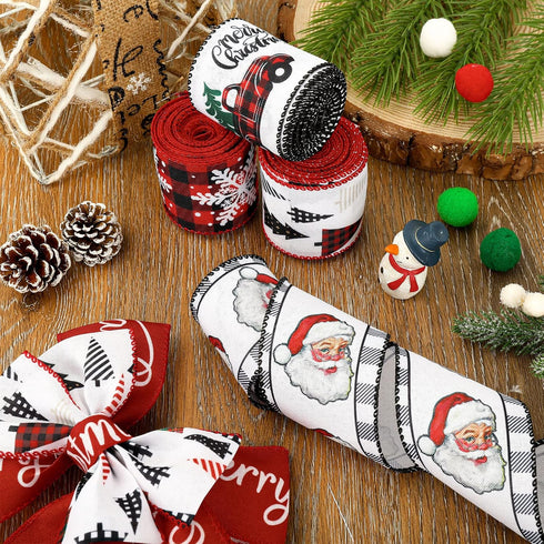 36 Yards Christmas Wired Edge Ribbon 2.5 Inch Farmhouse Craft Ribbon Santa Xmas Tree Truck Snowflake Buffalo Plaids Fabric Ribbon for Gift Wrappin...