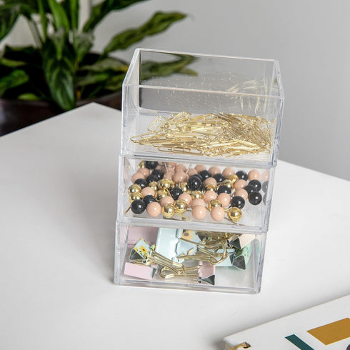 Martha Stewart Brody Desktop Storage Organizer, Stack and Slide Plastic Organizer Tray, Organizer for Office, Kitchen, or Vanity, 3" x 3.75", Clea...
