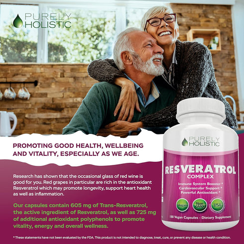 Purely Holistic Resveratrol 1450mg, 90 Servings, Trans-Resveratrol Antioxidant Supplement with Vitamin C and Polyphenol Complex, 180 Vegan Capsule...