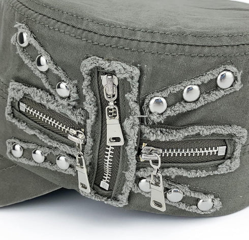 Men Women Soft Washed Cotton Adjustable Flat Top Military Army Hat Cadet Cap Zip Studs Embroidery Patch...