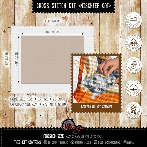 Povitrulya Counted Cross Stitch Kit 'Mischief Kitten' DIY Embroidery Set with Counted Gray Tabby Cat Pattern...