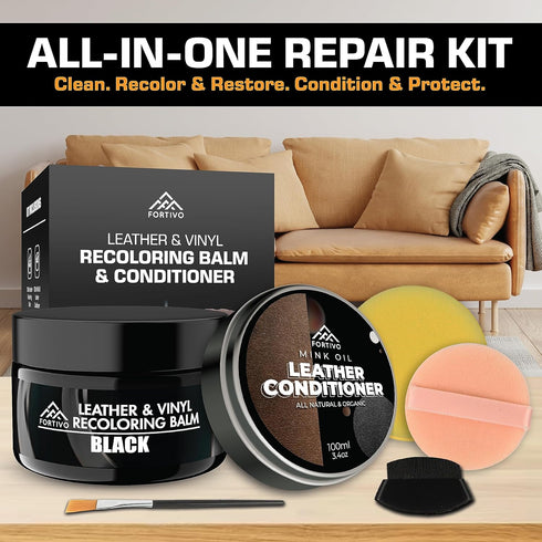 FORTIVO Leather Recoloring Balm with Mink Oil, Couch Repair Kit, Leather Dye and Restorer for Furniture - Black...