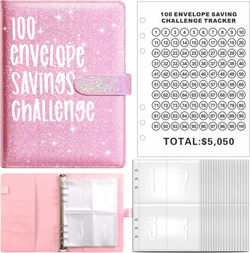 100 Day Money Saving Challenge Binder, Reusable Budget Book with Cash Filled Envelope Frosted Cover Money Binder Cash Savings Challenge Storage Bo...