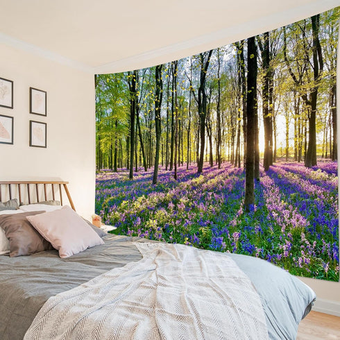HVEST Forest Sunshine Tapestry Wall Hanging Spring Purple Lavender Morning Sunlight Through Green Trees Tapestry Nature Landscape Tapestry for Liv...