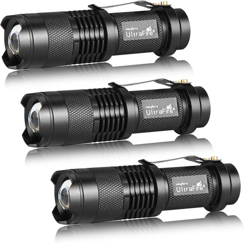 ULTRAFIRE 3 Pack Mini Flashlights Focus Adjustable SK68 Single Mode Tactical LED Flashlight, Ultra Bright 300 Lumens Torch...