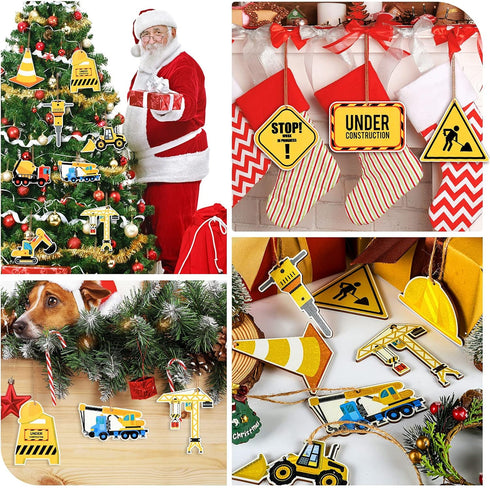 24 Pieces Christmas Ornaments Construction Wood Ornaments with Rope Trucks Hanging Wood Signs Truck Digger Cutouts Traffic Zone Wood Xmas Decorati...