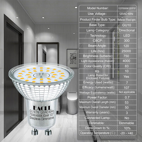 Generic EACLL MR16 GU10 LED Bulb Dimmable, 4000K Natural White, 7W Equivalent 75W, 25,000 Hours Lifetime, Energy Efficient Light, 750 Lumens 120 D...