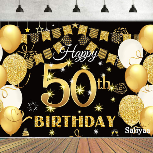 Saliyaa 7x5ft Happy 50th Birthday Backdrop,Happy Birthday Party Decoration, Black Gold Birthday Sign Poster Photo Booth Backdrop Background Banner...