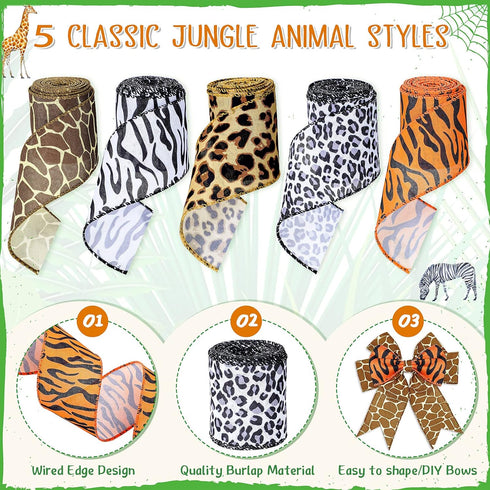 5 Rolls Jungle Animal Wired Ribbons 2.5 Inch Party Decorations Safari Animal Burlap Wrapping Ribbon for Crafts Leopard Zebra Cheetah Leaves Printe...